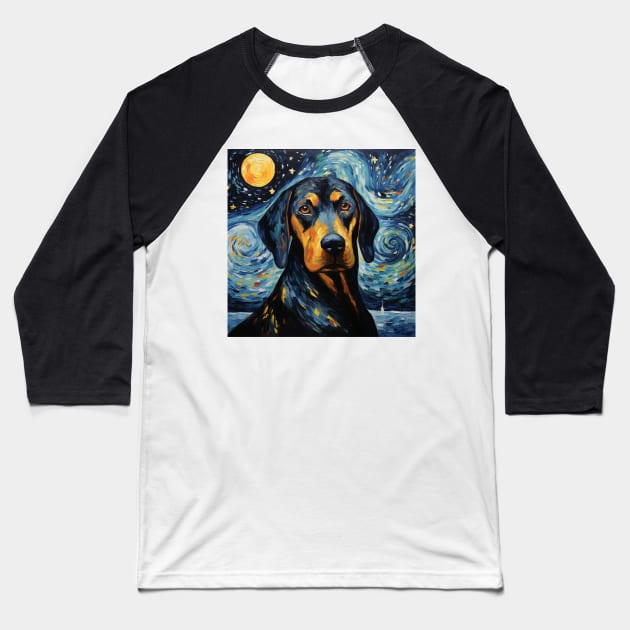 Black and Tan Coonhound Portrait Night Painting Baseball T-Shirt by NatashaCuteShop